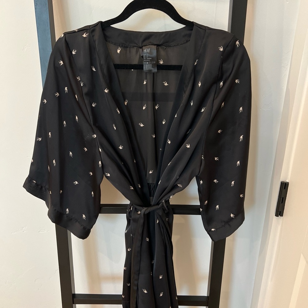 H&M Black Kimono with Bird Pattern
